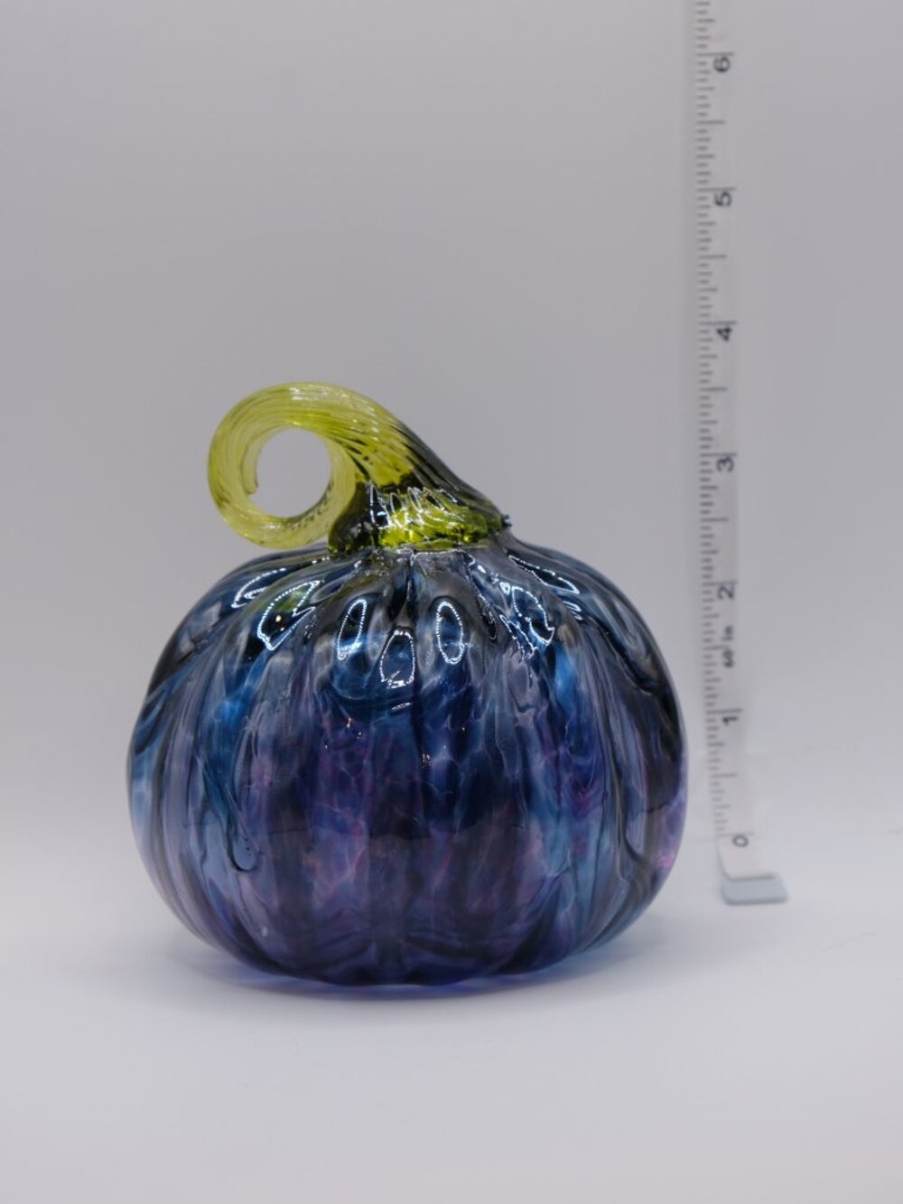 Hand-Blown Glass Pumpkin | Medium Size | Dark Blue Swirl with Green Stem - Picture 14 of 14